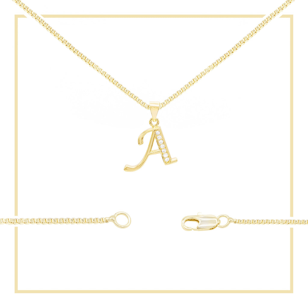 Alphabet A-Z Initial Letter CZ Pendant 14K Gold Filled Box Chain Set 18" 20" 24" Women Necklace Set
