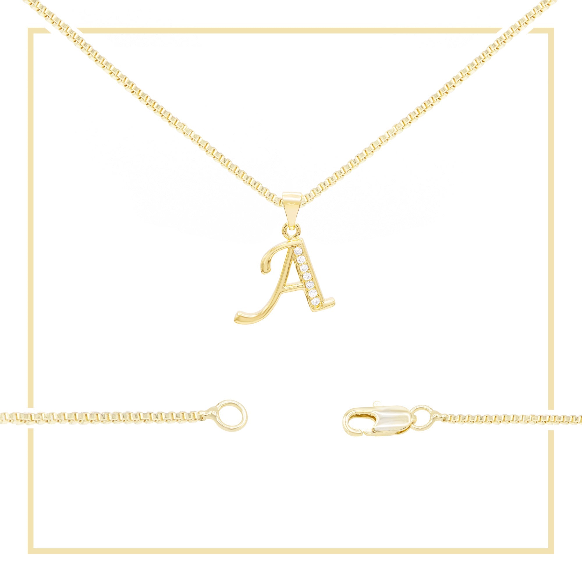 Alphabet A-Z Initial Letter CZ Pendant 14K Gold Filled Box Chain Set 18" 20" 24" Women Necklace Set